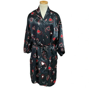 Dentelle Robe & Chemise Set Women's L Large Black Red Heart Pattern Slip Knee